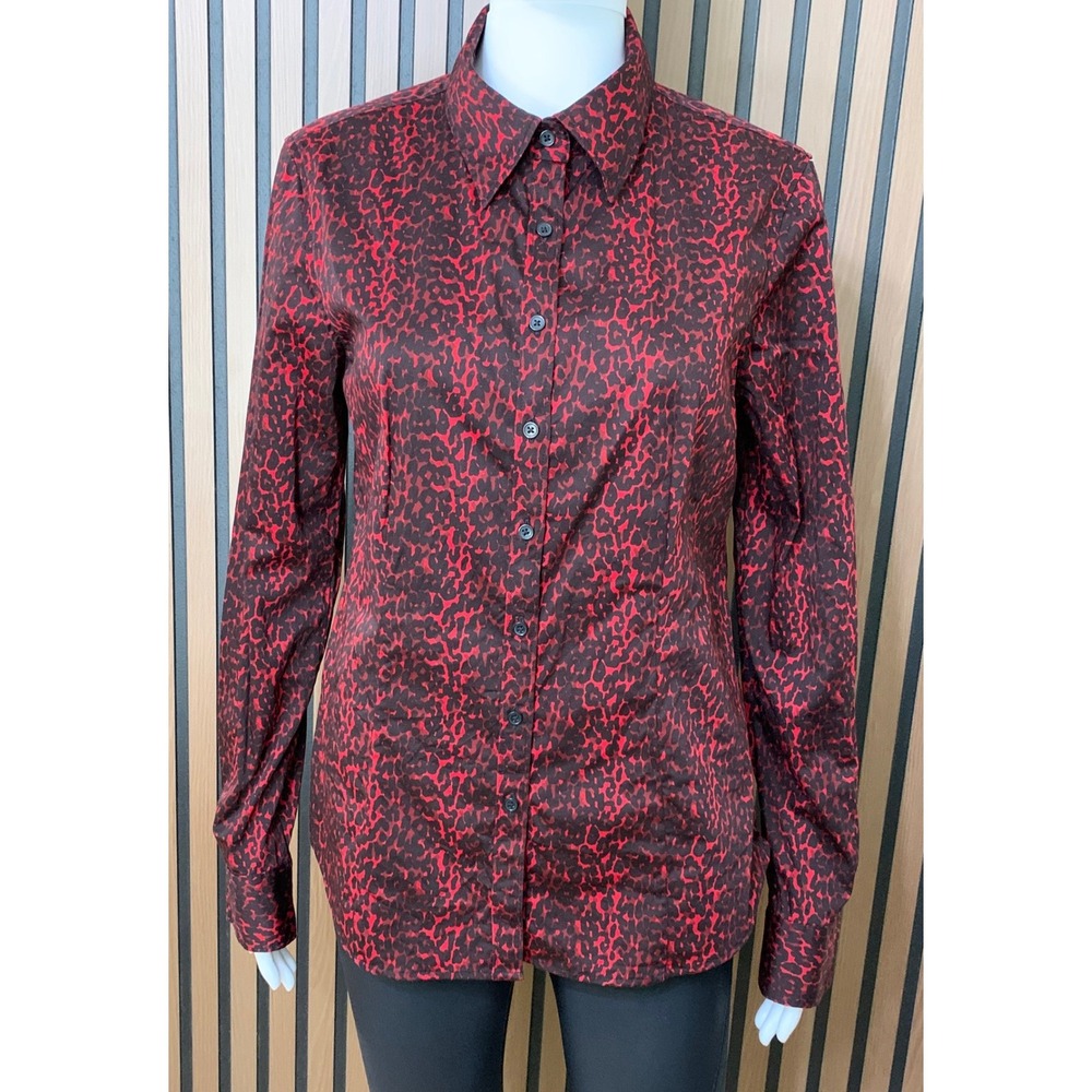 Talbots Women's 10 Red Black Animal Print Stretch Cotton Button Down Shirt